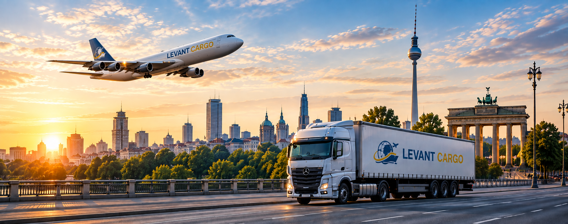 Levant Cargo Lkw und Frachtflugzeug vor der Berliner Skyline